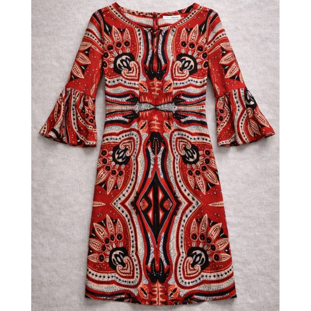 NY & Company Paisley Bell Sleeve Dress Womens XS Red Boho Festival Mini